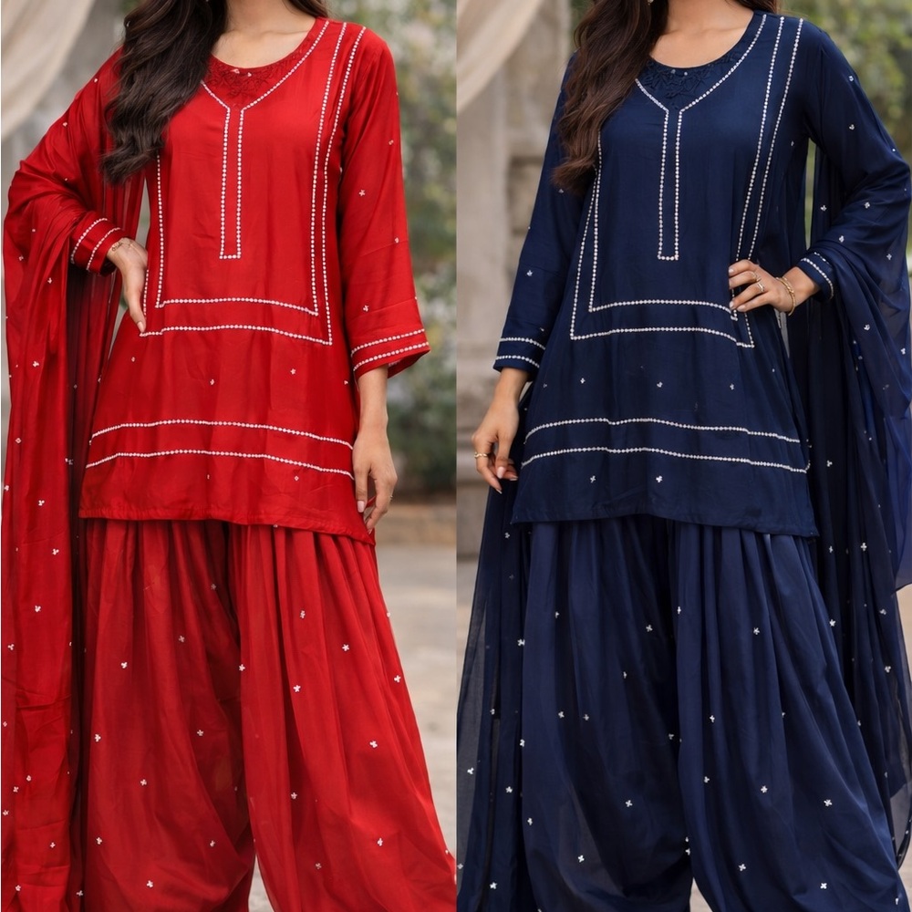 Elegant Red and Blue Embroidered  farshi Salwar suit on sheesha silk